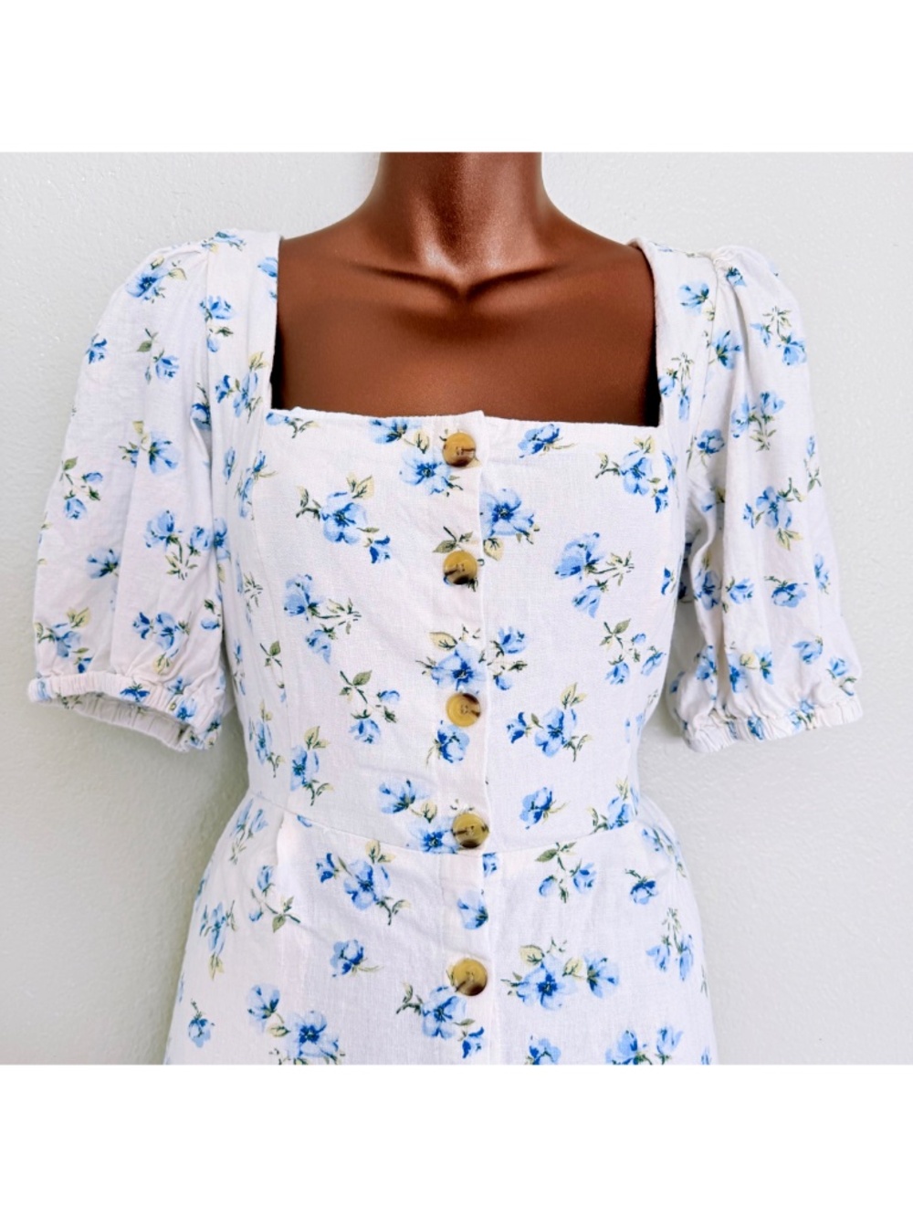 Linen Coquette Cottage Blue Floral Puff-Sleeve Mini Summer Dress Old Navy Sz M - Picture 3 of 17